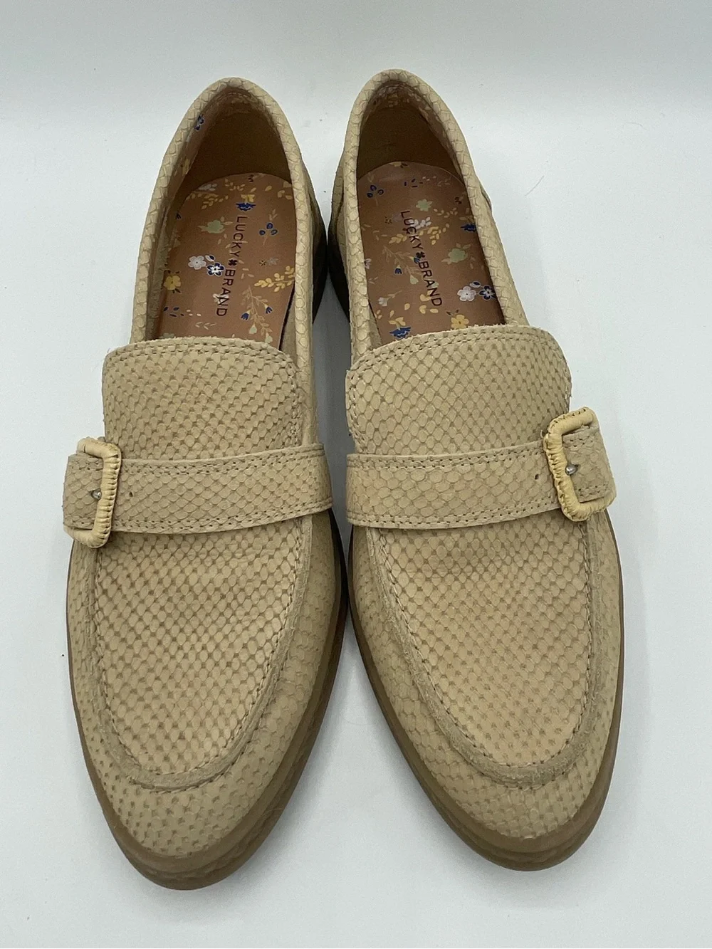 Lucky Brand Ryder’s Snake Embossed Leather Beige Textured Buckle Loafers